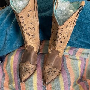 Corral Brown Tooled Leather Knee-High Western Boots with Turquoise Lining